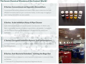 A collection of carefully labeled chemical samples and a large warehouse filled with drums of chemicals are featured images on a website for Contact Chemicals built by INM of Alberta