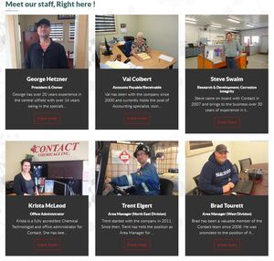 A selection of folks smiling broadly while at work are featured in the Gallery Page of the Contact Chemical website produced by INM of Alberta
